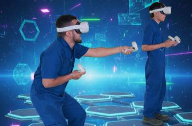 Inicio Dos jóvenes usando gafas de realidad virtual y controles, participando en una experiencia tecnológica de simulación laboral e innovación, representando capacitación empresarial inclusiva.